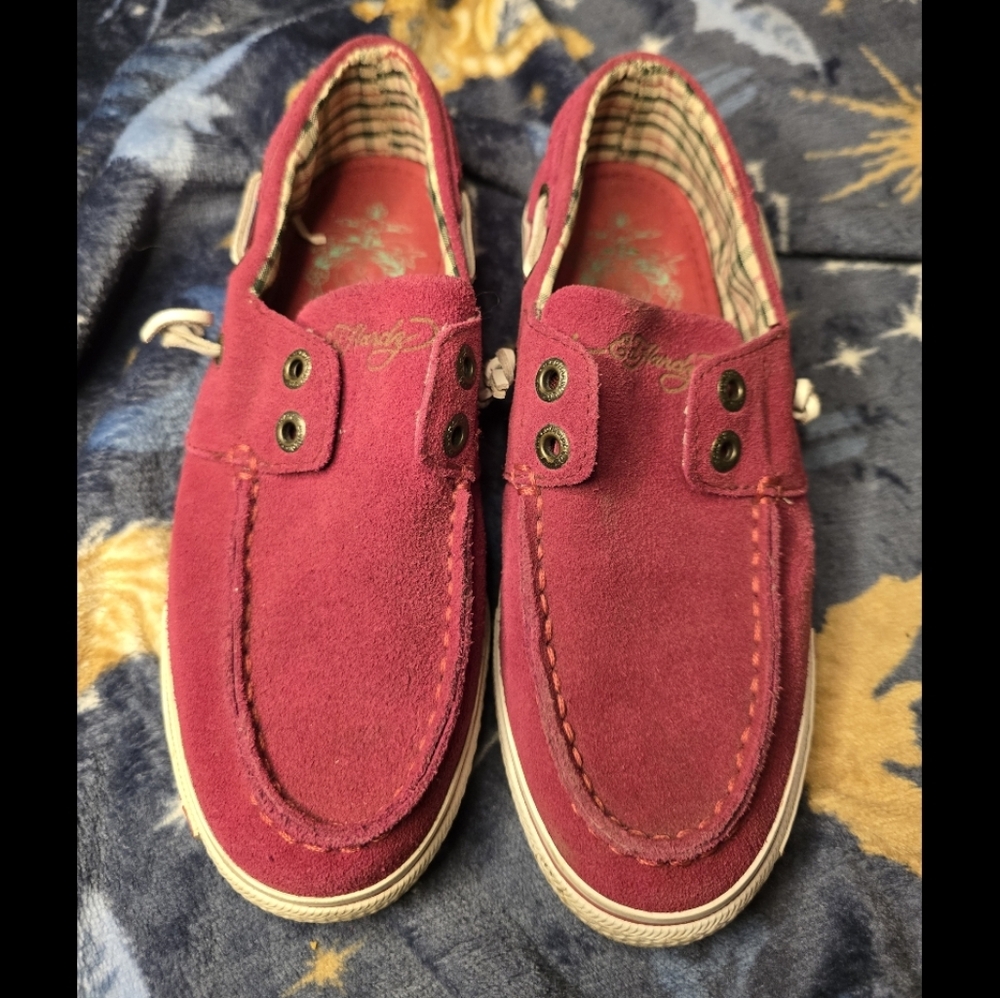 Ed Hardy Red Suede Boat Shoes 1971 Tattoo Graphic, Size 5
